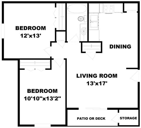 Floor plan for 2 beds, 1 bath, 900 sqft